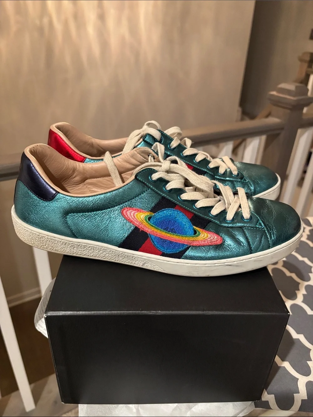 Gucci Metallic Teal Rainbow Embroidered Ace Sneakers